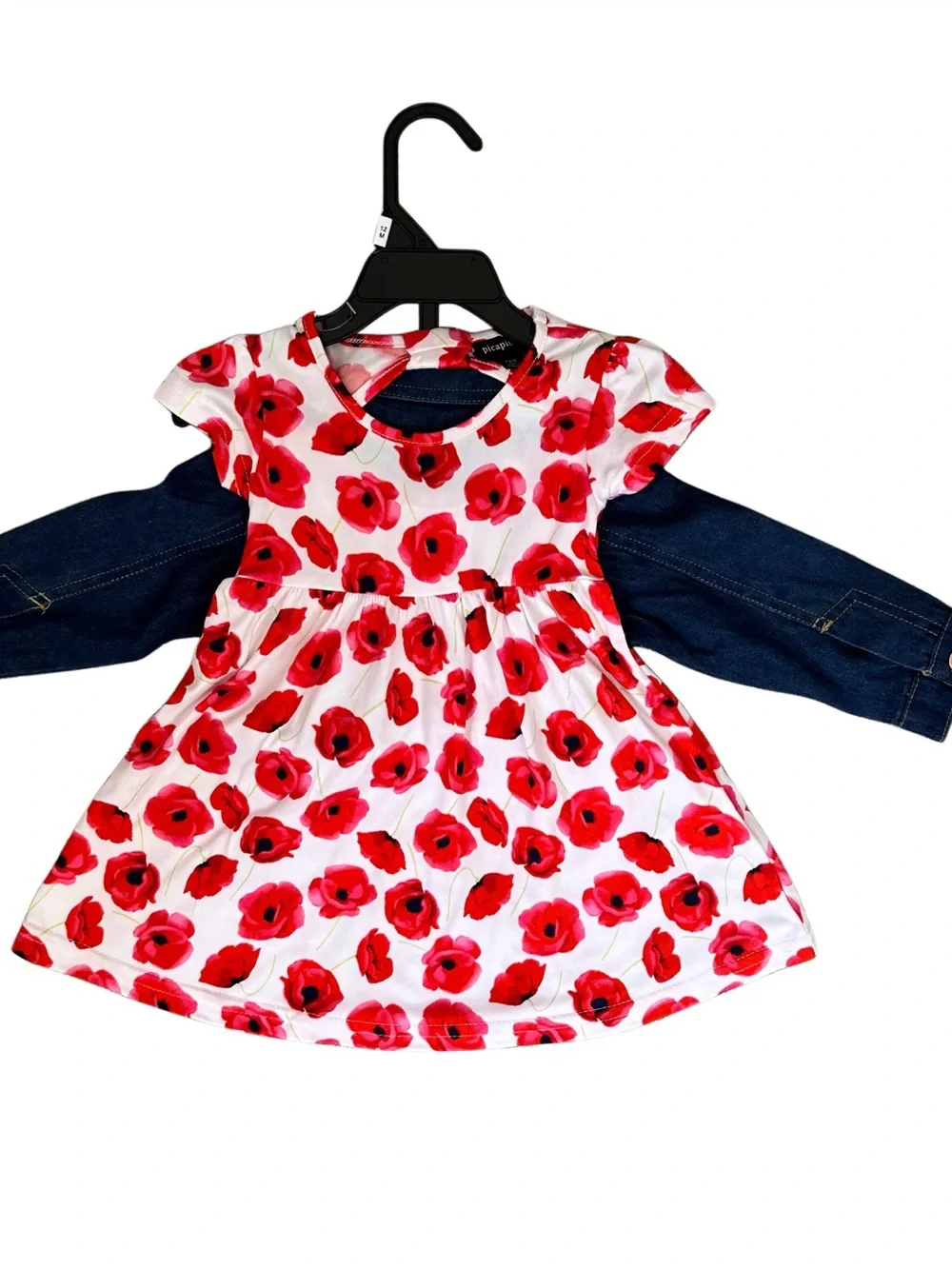 Picapino Girls' Red Floral Dress with Dark Blue Denim Jacket